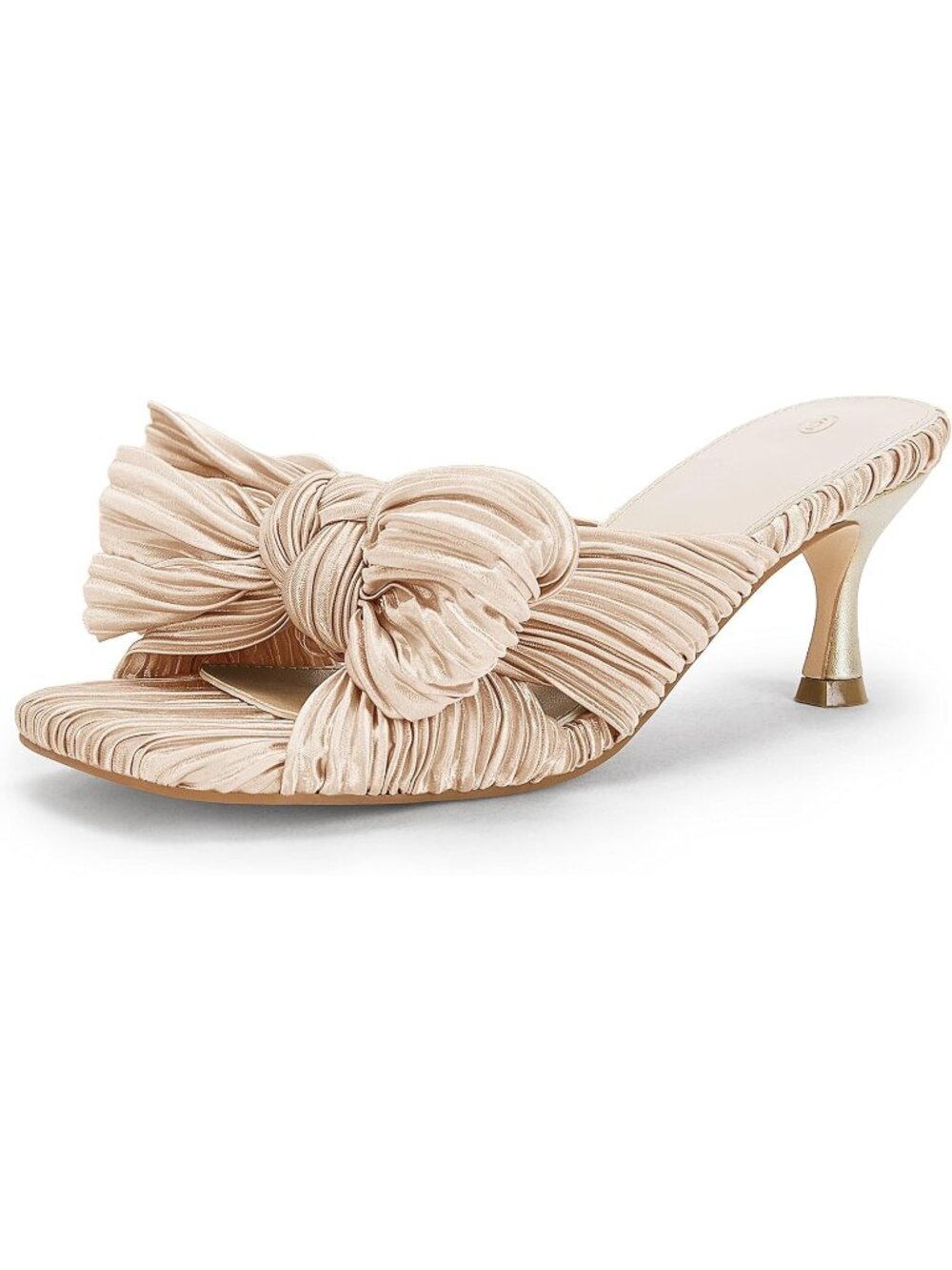 Women's Nude Bow Heel Sandals Pleated Bowknot Heels Open Square Toe Kitten Heel